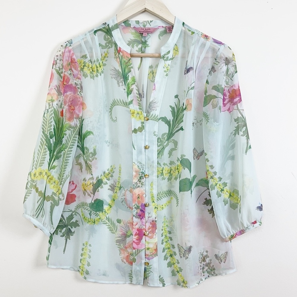 COPY - Ted Baker Sheer Blouse Floral button vneck Sz 2